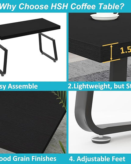 HSH Black Coffee Table, Industrial Wood and Metal Legs Center Table, Modern Minimalist Rectangle Cocktail Table for Living Room, Farmhouse Wooden Tea Table for Bedroom Home Office, Black Oak, 47 Inch - LeafyLoom