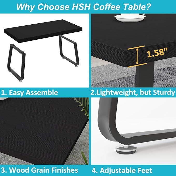HSH Black Coffee Table, Industrial Wood and Metal Legs Center Table, Modern Minimalist Rectangle Cocktail Table for Living Room, Farmhouse Wooden Tea Table for Bedroom Home Office, Black Oak, 47 Inch - LeafyLoom