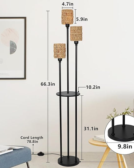 Boho Floor Lamp, 3-Lights Rattan Floor Lamp with Shelves, Farmhouse Floor Lamp with ON/OFF Foot Switch, Rustic Standing Lamp with Rattan Shades, Tall Shelf Floor Lamps for Living Room Bedroom - LeafyLoom