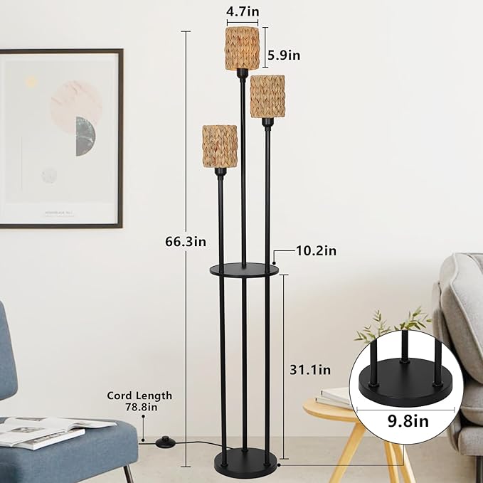 Boho Floor Lamp, 3-Lights Rattan Floor Lamp with Shelves, Farmhouse Floor Lamp with ON/OFF Foot Switch, Rustic Standing Lamp with Rattan Shades, Tall Shelf Floor Lamps for Living Room Bedroom - LeafyLoom
