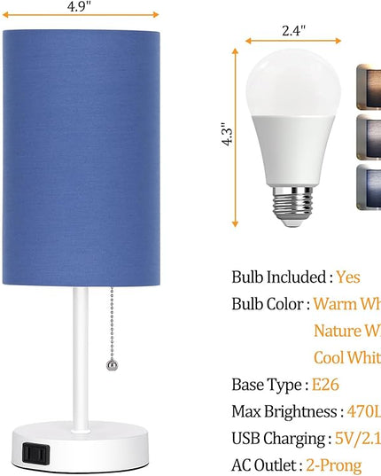 Dott Arts Table Lamp for Bedroom, 3-Color Bedside Lamps with Pull Chain, Bedroom Table Lamps for Nightstand,Small Lamp for Living Room, Bulb Included Blue … - LeafyLoom