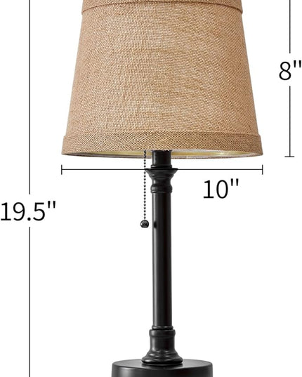 Oneach Cottage Style Black Pull Chain Table Lamps Set of 2 for Bedroom Living Room 20'' Traditional Bedside Desk Nightstand Buffet Candlestick Samll Lamps with Fabric Drum Shade - LeafyLoom