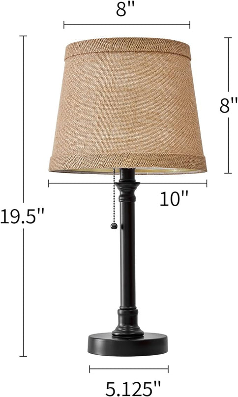 Oneach Cottage Style Black Pull Chain Table Lamps Set of 2 for Bedroom Living Room 20'' Traditional Bedside Desk Nightstand Buffet Candlestick Samll Lamps with Fabric Drum Shade - LeafyLoom