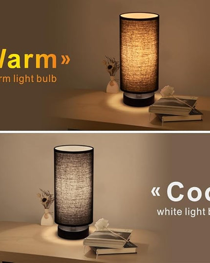 Table Lamp, Bedside Nightstand Lamp, Simple Desk Lamp, Cylinder Table Lamp for Bedroom Living Room Office Study, Black Shade and Silver Base - LeafyLoom