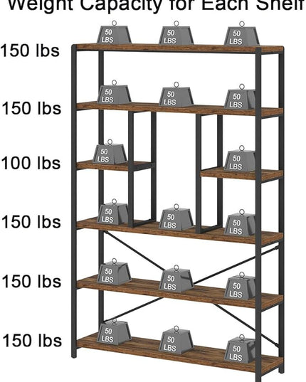 LVB Rustic Bookcases and Book Shelves, Metal Wood 6 Tier Bookshelf and Book Rack Storage, Industrial Vertical Display Etagere Book Case 6 Shelf, Vintage Large Book Shelf for Bedroom Living Room, Brown - LeafyLoom