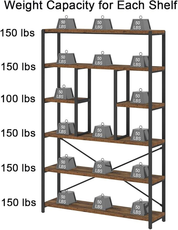 LVB Rustic Bookcases and Book Shelves, Metal Wood 6 Tier Bookshelf and Book Rack Storage, Industrial Vertical Display Etagere Book Case 6 Shelf, Vintage Large Book Shelf for Bedroom Living Room, Brown - LeafyLoom