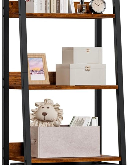 Furologee 5-Tier Ladder Shelf, Ladder Bookshelf with Removable Drawer, Rustic Bookcase Storage Rack Organizer, Wood Metal Freestanding Storage Shelf for Living Room, Home Office, Bedroom, Balcony - LeafyLoom