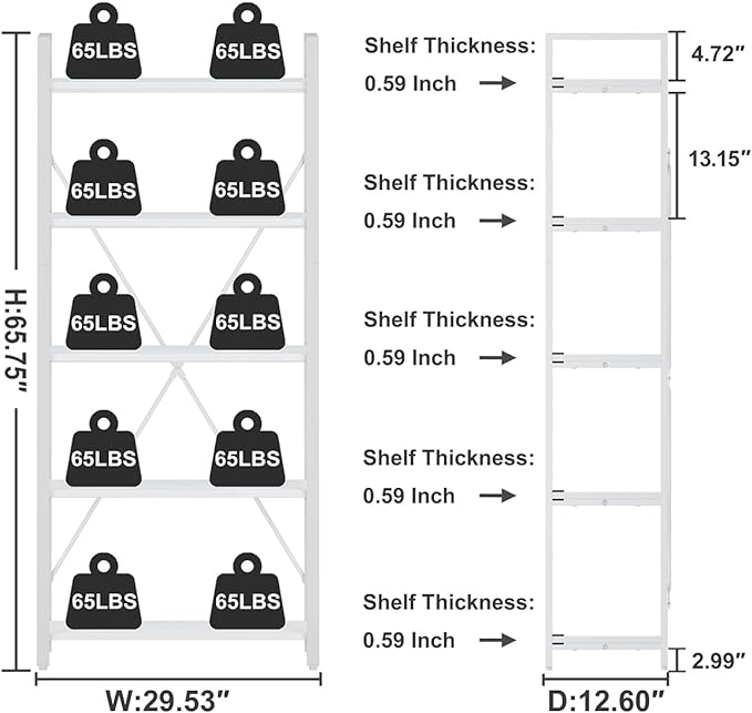 FATORRI 5 Tier Bookshelf, Metal and Wood Bookcase, Etagere Book Shelf for Display, Modern Shelving Unit Tall Book case for Home Office, Living Room, Bedroom (White Oak) - LeafyLoom
