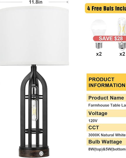 Table Lamp for Living Room - White Farmhouse Lamps for Night Stands with USB C+A, 3 Way Dimmable End Table Lamps Set of 2, Vintage Bedside Lamp for End Tables, Rustic Nightstand Lamps for Bedroom - LeafyLoom