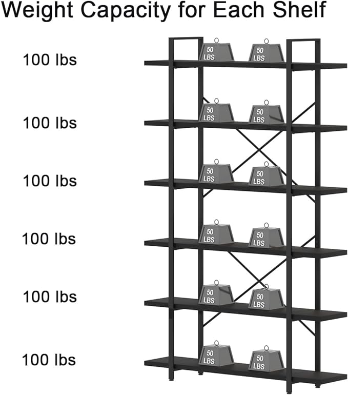 HSH 6 Tier Tall Black Bookshelf, Modern Large Storage Book Shelves & Display Book Shelf,Industrial Open Vertical Metal and Wood Black Bookcases 6 Shelf for Bedroom Living Room Office, Black Oak - LeafyLoom