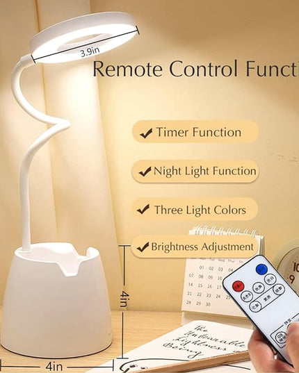 Desk Lamp, Desk Lamps for Home Office, Led Touchable Light, Remote Controlled, Dimmable, 3 Color Modes, Gooseneck, Small White Lamp, Led Table Light, Dorm Lamp, Rechargeable Study Table Lamp - LeafyLoom