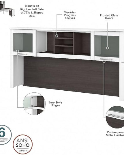 Bush Furniture Somerset 72W Desk Hutch in White and Storm Gray - LeafyLoom
