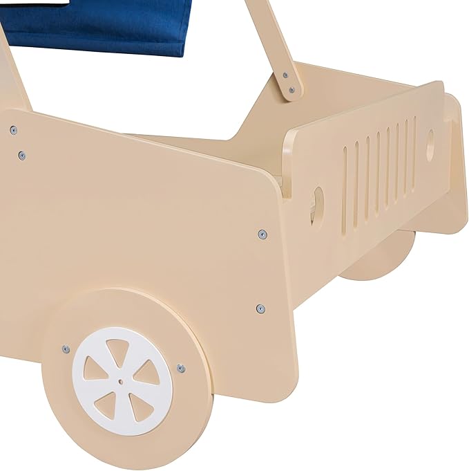 Full Size Kids Car Bed with Tent Canopy & Wheels,Wood Bedframe W/Safty Grille,Raised Base Design,Easy to Assemble,Toddler Boys Car-Shaped Bedroom Beds for Reading Playing Relaxing,Natural - LeafyLoom