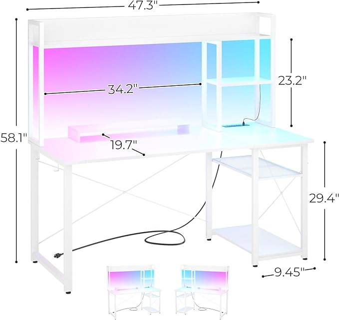 Cyclysio Gaming Desk with Hutch, 47'' Computer Desk with LED Lights & Power Outlets, Home Office Desk with Reversible 5 Tiers Storage Shelves & Monitor Stand, Small Gaming Table for Small Space, White - LeafyLoom