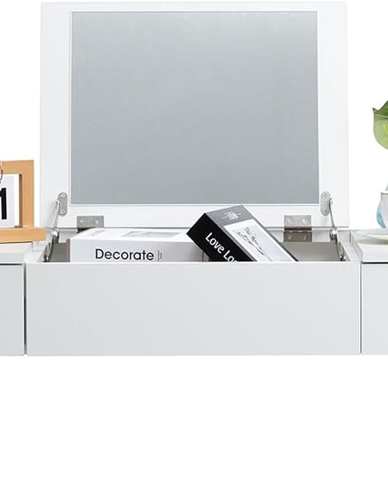 ALIMORDEN Floating Shelf with Mirror and Drawer,Floating Drawer for Bathroom, White Wall Mounted Desk,Pull Out Drawer, 31 inches Surface, Floating Wall Desk, Hanging Desk, White - LeafyLoom