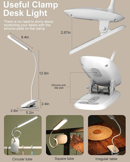 Desk Lamp, Table Lamp 1500mAh Dimmable Reading Lamp with Clamp and Type-C Charging Port, Desk Light for Home Office Reading Working Studying Gooseneck Adjustable Flexible - White - LeafyLoom