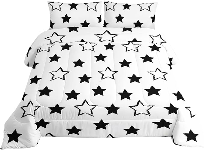 Axolotl Kids Full Bedding Comforter Set,3Pcs Super Cute Soft Black and White Stars Quilt Set Bed in A Bag with 1 Comforter 2 Pillowcases for Kids Boys Girls Teens Adults Room Decor All Season - LeafyLoom
