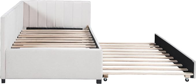 Twin Size Daybed with Trundle - Upholstered Daybed Linen Fabric Sofa Bed Frame with Twin Trundle for Bedroom Guest Room Living Room, No Box Spring Needed, Beige - LeafyLoom