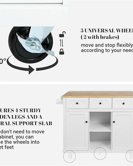 Rolling Kitchen Island with Drop Leaf Kitchen Island On Wheels with Storage Large 53in Wood Portable Kitchen Islands White with Drawers Cabinet Spice Towel Rack Storage for Kitchen - LeafyLoom