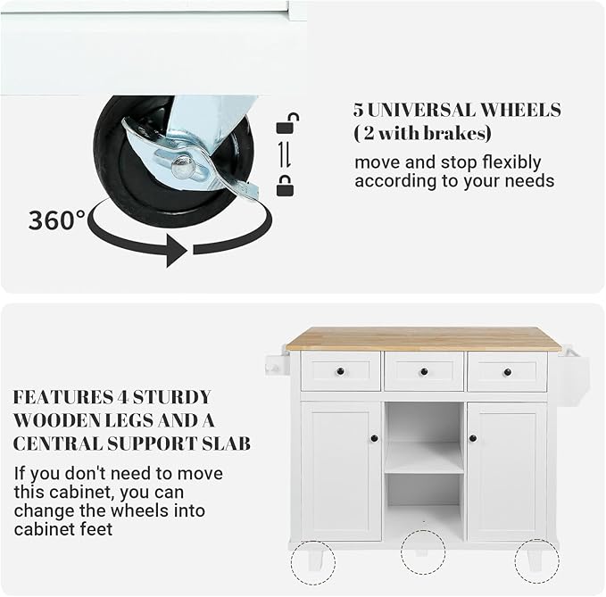 Rolling Kitchen Island with Drop Leaf Kitchen Island On Wheels with Storage Large 53in Wood Portable Kitchen Islands White with Drawers Cabinet Spice Towel Rack Storage for Kitchen - LeafyLoom