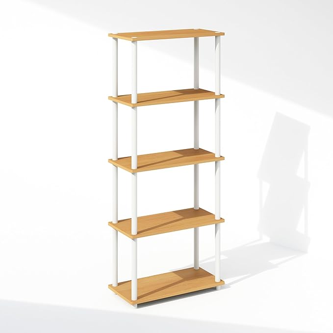 Furinno Turn-N-Tube 5-Tier Multipurpose Compact Display Rack, Shelving Unit, Bookcase, Beech/White - LeafyLoom