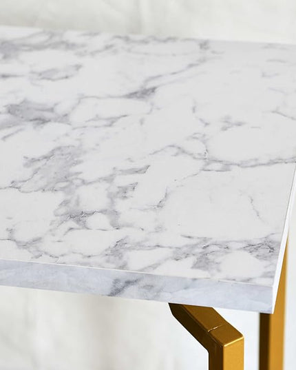 Household Essentials Crown Square Side End Table with Storage Shelf White Marble and Gold Metal - LeafyLoom