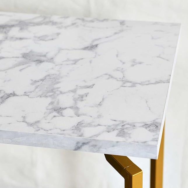 Household Essentials Crown Square Side End Table with Storage Shelf White Marble and Gold Metal - LeafyLoom
