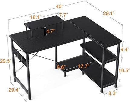 ODK 40 Inch Small L Shaped Computer Desk with Reversible Storage Shelves, Modern Black, Ideal for Home Office, Gaming, Writing - LeafyLoom
