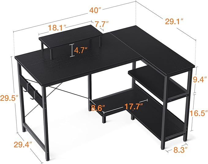 ODK 40 Inch Small L Shaped Computer Desk with Reversible Storage Shelves, Modern Black, Ideal for Home Office, Gaming, Writing - LeafyLoom