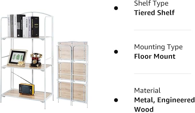 No Assembly Folding Bookshelf, 3 Tier White Bookshelf, Metal Book Shelf for Storage, Folding Bookcase for Office Organization and Storage, 12.6" D x 22.44" W x 42.13" H - LeafyLoom
