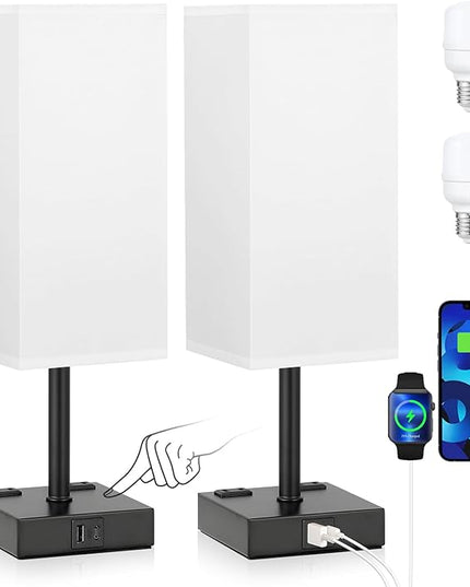 aooshine Black Base White Shade Set of 2 Touch Lamp with USB Port-Nightstand Lamp with USB-C+A Charge Ports& AC Outlets, 3-Way Dimmable Bedside Lamp, Small Table Lamp for Bedroom(Bulb Included) - LeafyLoom