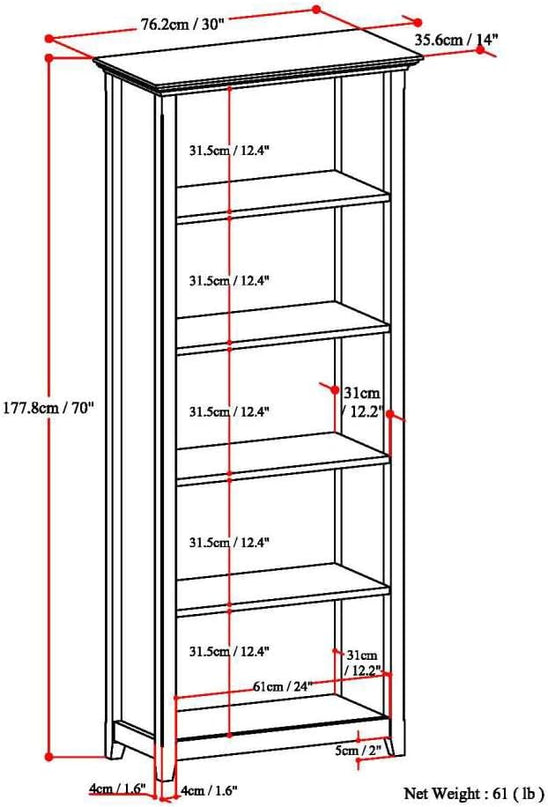 SIMPLIHOME Amherst SOLID WOOD 30 Inch Wide Transitional 5 Shelf Bookcase in Rustic Natural Aged Brown, for The Living Room, Study Room and Office - LeafyLoom