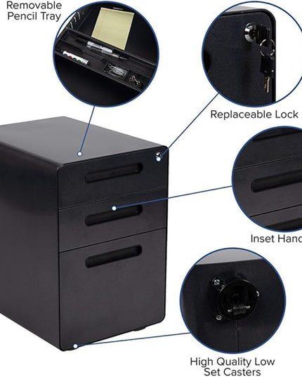 Flash Furniture Wren Ergonomic 3-Drawer Mobile Locking Filing Cabinet with Anti-Tilt Mechanism and Hanging Drawer for Legal & Letter Files, Black - LeafyLoom
