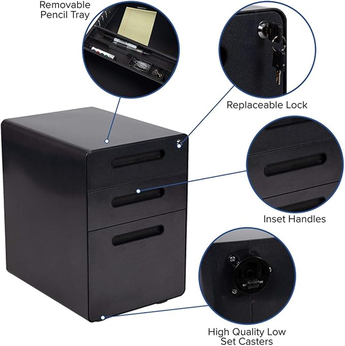Flash Furniture Wren Ergonomic 3-Drawer Mobile Locking Filing Cabinet with Anti-Tilt Mechanism and Hanging Drawer for Legal & Letter Files, Black - LeafyLoom