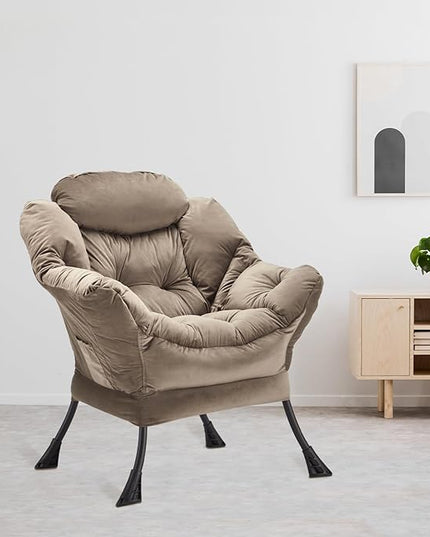 Lazy Chair Thick Padded, Accent Chair Velvet Upholstered with Wide Seat, Stable Metal Frame and Non-Slip Pad, Modern Sofa Armchair with Side Storage Bag for Dorm, Room, Office, Dark Gray - LeafyLoom