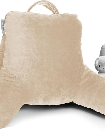 Clara Clark Reading Pillow for Kids, Small Back Pillow for Sitting Up in Bed, Memory Foam Back Support Pillow, Reading Pillows for Sitting in Bed, Beige Cream Gaming Pillow with Arms and Pockets - LeafyLoom