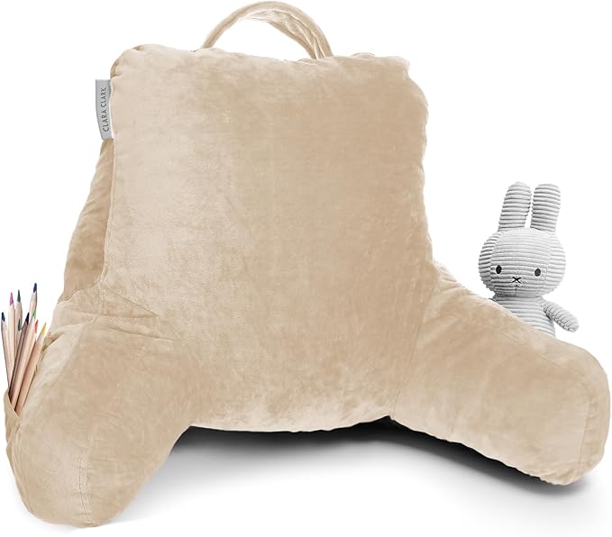 Clara Clark Reading Pillow for Kids, Small Back Pillow for Sitting Up in Bed, Memory Foam Back Support Pillow, Reading Pillows for Sitting in Bed, Beige Cream Gaming Pillow with Arms and Pockets - LeafyLoom