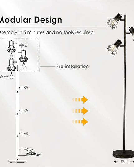 BoostArea Industrial Floor Lamp, Tree-Bronze Gold, 3 Diamond-Shaped Lamp Cages, 3pcs 6W LED Bulbs Included, Eco-Friendly, Reliable Quality, Easy Assembly, Match with Multiple Home Styles - LeafyLoom