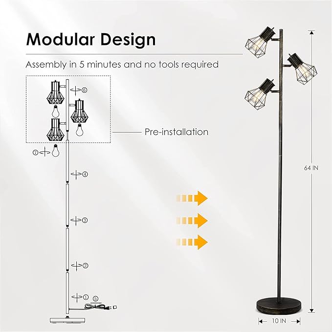 BoostArea Industrial Floor Lamp, Tree-Bronze Gold, 3 Diamond-Shaped Lamp Cages, 3pcs 6W LED Bulbs Included, Eco-Friendly, Reliable Quality, Easy Assembly, Match with Multiple Home Styles - LeafyLoom