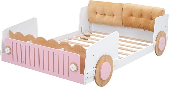 Full size Car-Shaped Platform Bed with Soft Cushion,Wooden Car Bedframe W/Footboard in-Build Shelves,Easy Assembly,Fun Play Design,Bedroom Furniture for Boys Girls Kids Toddlers Teens,White - LeafyLoom