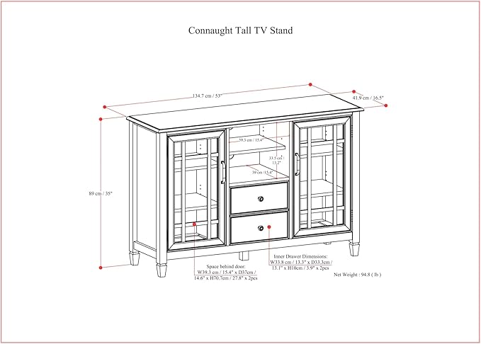 SIMPLIHOME Connaught SOLID WOOD Wide Traditional Media Stand for TVs up to 60 inches for The Living Room and Entertainment Center, 53 inch, Dark Chestnut Brown - LeafyLoom