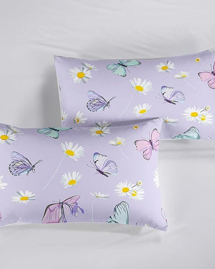 Butterfly Comforter Set for Kids Teens Girls Women,Daisy Kids Comforter,1 Comforter with 2 Pillowcase, Microfiber 3 Piece Bedding Set,for All Seasons(Purple，Full Size) - LeafyLoom