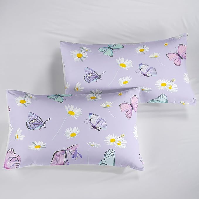 Butterfly Comforter Set for Kids Teens Girls Women,Daisy Kids Comforter,1 Comforter with 2 Pillowcase, Microfiber 3 Piece Bedding Set,for All Seasons(Purple，Full Size) - LeafyLoom
