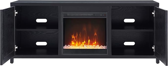 Henn&Hart Rectangular TV Stand with Crystal Fireplace for TV's up to 65" in Black, Electric Fireplace TV Stands for the Living Room - LeafyLoom