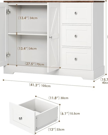Farmhouse Buffet Cabinet with Storage, 41.3" Kitchen Cabinet with 3 Drawers and Shelves, Storage Cabinet or Kitchen, Home bar - LeafyLoom