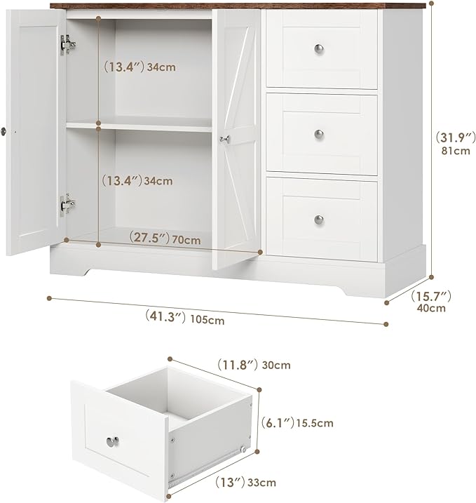 Farmhouse Buffet Cabinet with Storage, 41.3" Kitchen Cabinet with 3 Drawers and Shelves, Storage Cabinet or Kitchen, Home bar - LeafyLoom