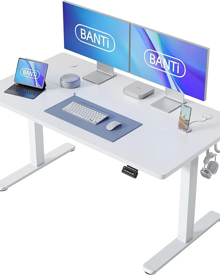 BANTI 55'' Standing Desk, Electric Stand up Height Adjustable Home Office Table, Sit Stand Desk with Splice Board, White - LeafyLoom