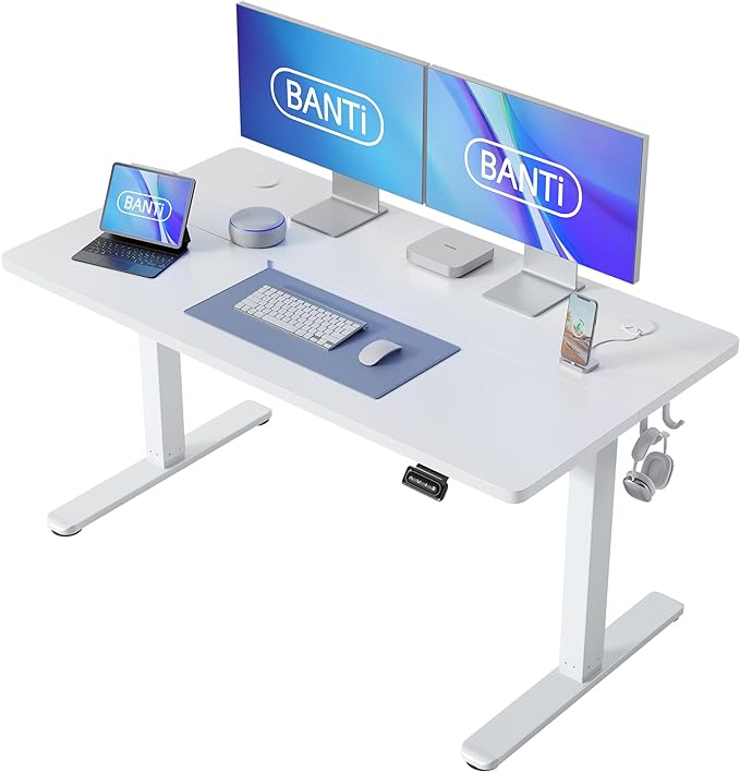 BANTI 55'' Standing Desk, Electric Stand up Height Adjustable Home Office Table, Sit Stand Desk with Splice Board, White - LeafyLoom