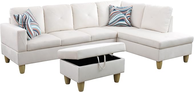 L-Shaped Sectional Couches with 66.5'' Chaise Lounge & Storage Ottoman Modular Room Sofas for Home Office Apartment, Large Living Furniture, 97'' Right Hand Facing, White Flannel - LeafyLoom