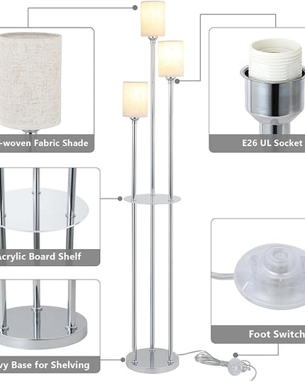 Floor Lamps for Living Room, 3-Lights Modern Floor Lamp with Shelves, Chrome Standing Lamp with Fabric Shade and Foot Switch, Shelf Standing Lamps with Table, Tall Lamps for Bedroom Office - LeafyLoom